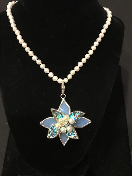Necklace - Pearl Flower in Blues on Water Pearls