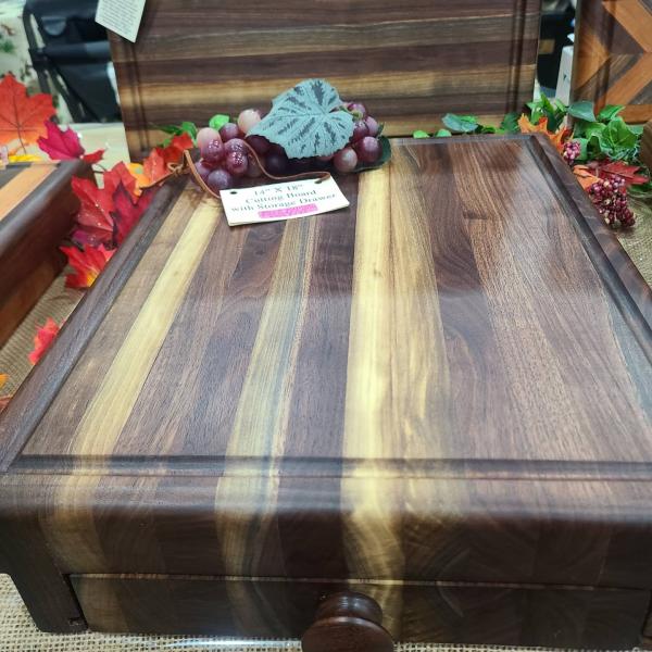 Black Walnut Storage Drawer Cutting Board ( comes with free bow knife specify oak, cherry, mahogany,  or black walnut in special instructions) picture
