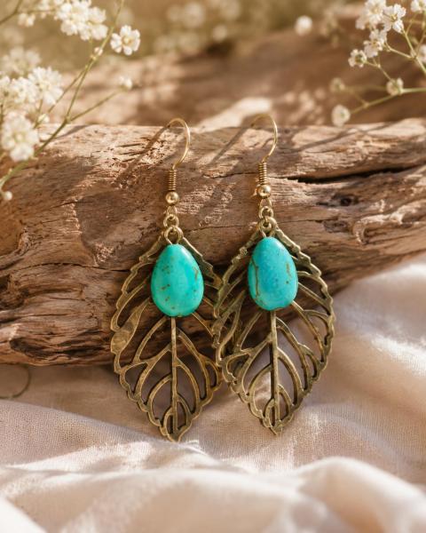 Brass Leaf and Turquoise Earrings.