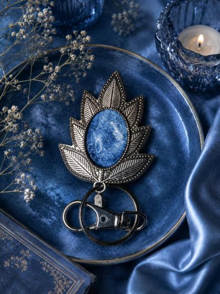 Tibetan leaf Keychain Antique Silver Glass Design