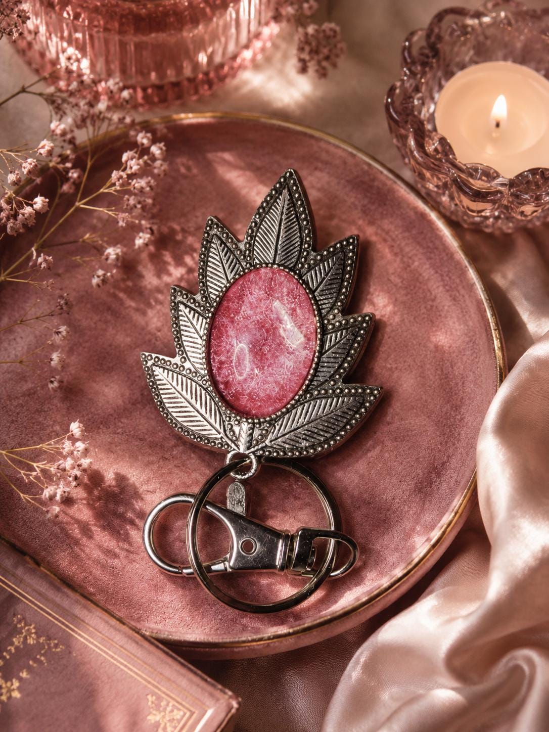 Tibetan leaf Keychain Antique Silver Glass Design picture