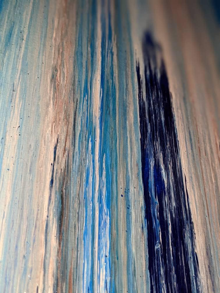 Original Abstract Art, Textured Pour Stripe Painting. Blue, White, Cream, Gray picture