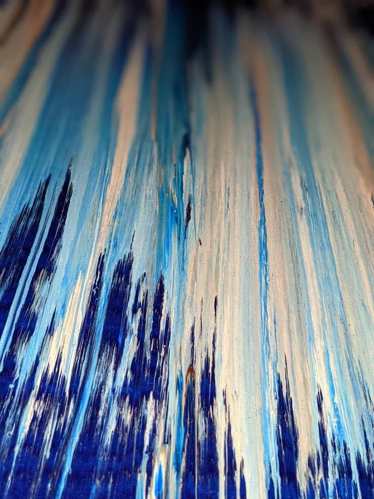 Original Abstract Art, Textured Pour Stripe Painting. Blue, White, Cream, Gray picture