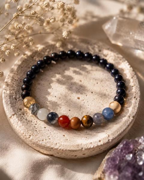 Solar System bracelet, outer space, Galaxy, planets. Quartz, Sandstone, Jasper, Citrine.