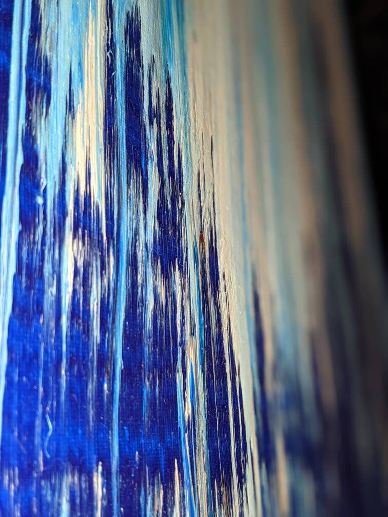 Original Abstract Art, Textured Pour Stripe Painting. Blue, White, Cream, Gray picture