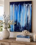 Original Abstract Art, Textured Pour Stripe Painting. Blue, White, Cream, Gray