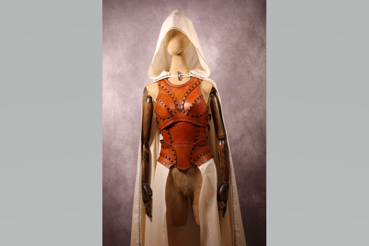 Female Warrior Breastplate and War Belt in Saddle Tan with Cloak picture