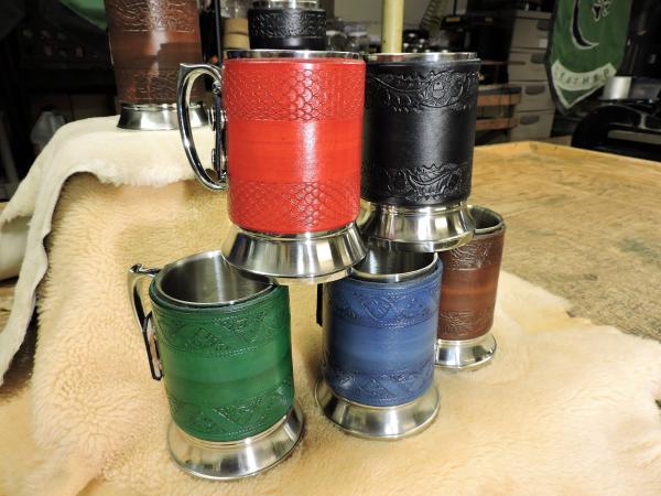 Leather wrapped flasks and tankards