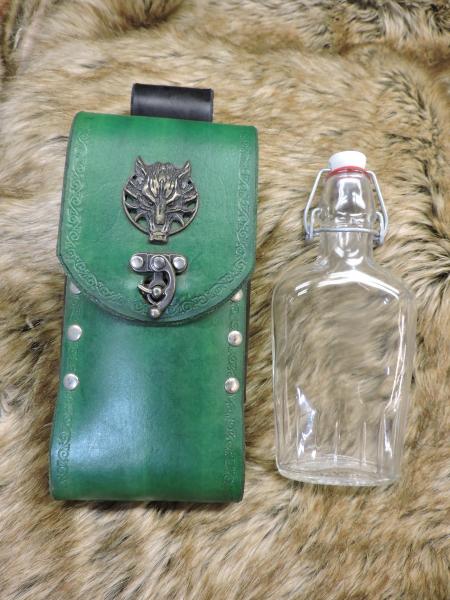 Leather wrapped flasks and tankards picture