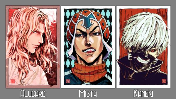 Choose 2 Fan Art Prints - Yuri, Kotetsu, Alucard, Kaneki, Mista, Nezum picture